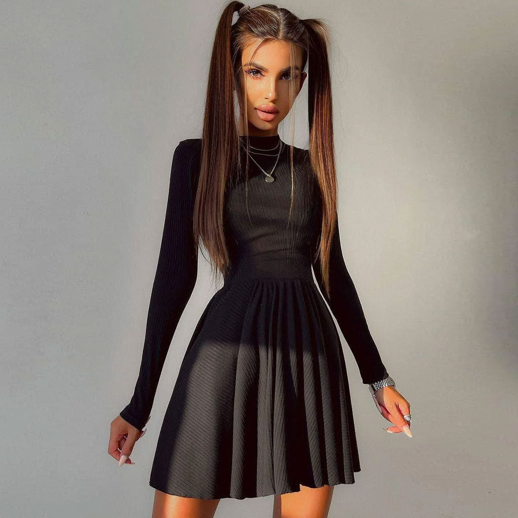 Women's Cut Out Back Long Sleeve Skater Mini Dress - Black