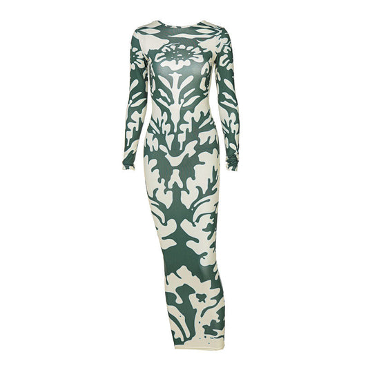 Women's Long Sleeve Camo Print Backless Maxi Dress Bodycon Dresses
