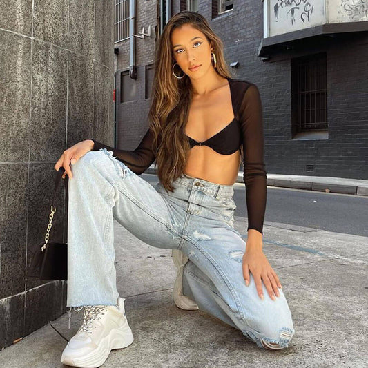 Solid Color Long Sleeve Bralette Mesh Crop Top - Black