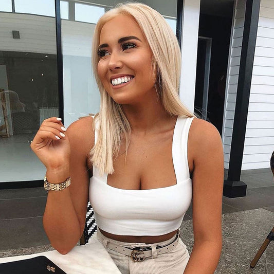 Square Neck Suspender Strap Crop Tank Top - White