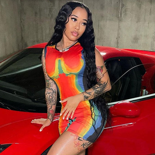 women's unique crew neck thermal body print sleeveless mini dress bodycon dresses