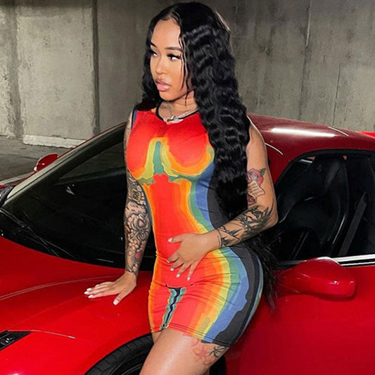 Women's Unique Crew Neck Thermal Body Print Sleeveless Mini Dress Bodycon Dresses