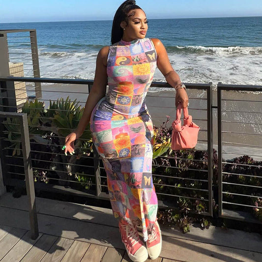 women's unique high neck split blotter print sleeveless maxi dress bodycon dresses