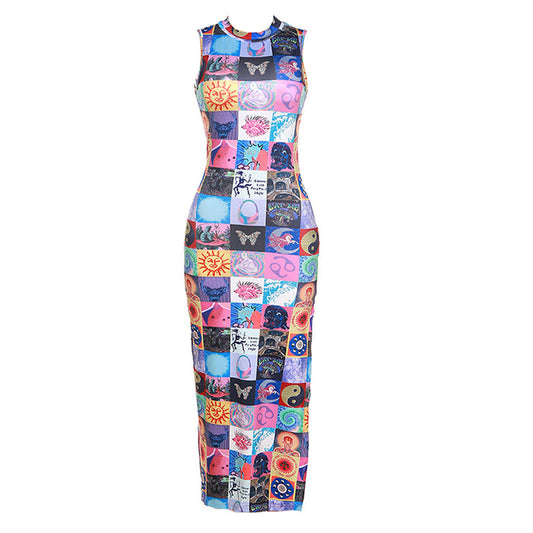Women's Unique High Neck Split Blotter Print Sleeveless Maxi Dress Bodycon Dresses