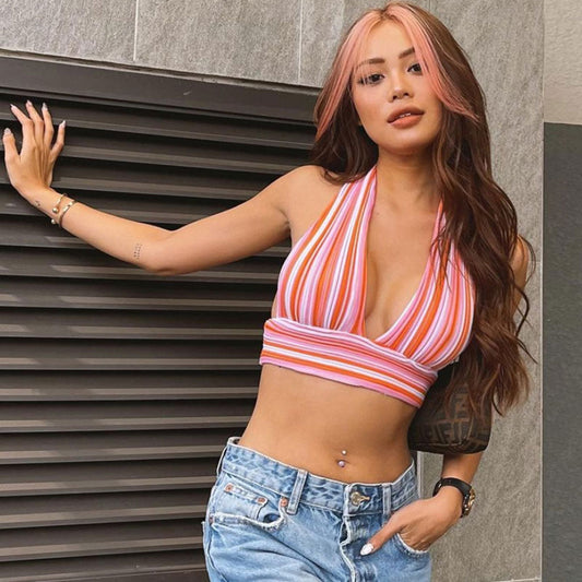 Striped Print Halter Neck Tie Back Knitted Crop Top - Orange