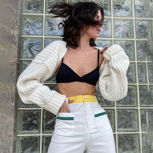 Vintage Long Sleeve Drop Shoulder Shrug Cardigan - White