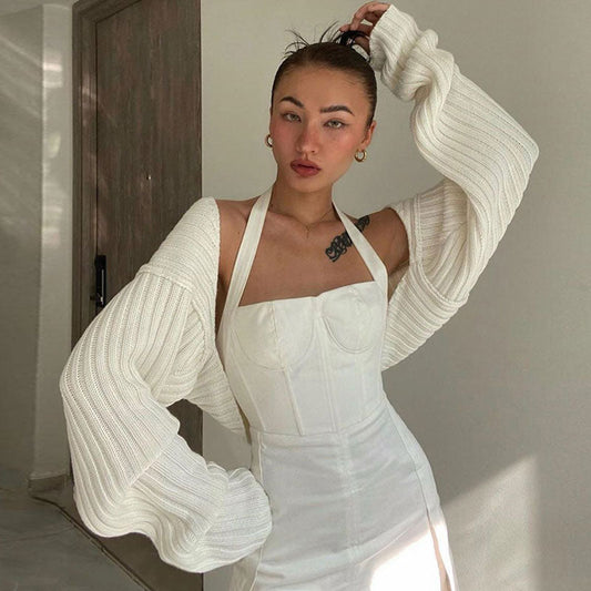 Vintage Long Sleeve Drop Shoulder Shrug Cardigan - White