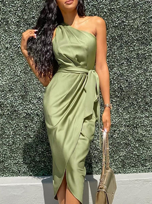 Women's Satin One Shoulder Ruched Bodycon Dress Bodycon Dresses